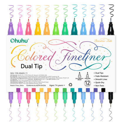 Ohuhu Colored Fineliner & Brush Pens, 12 Colors