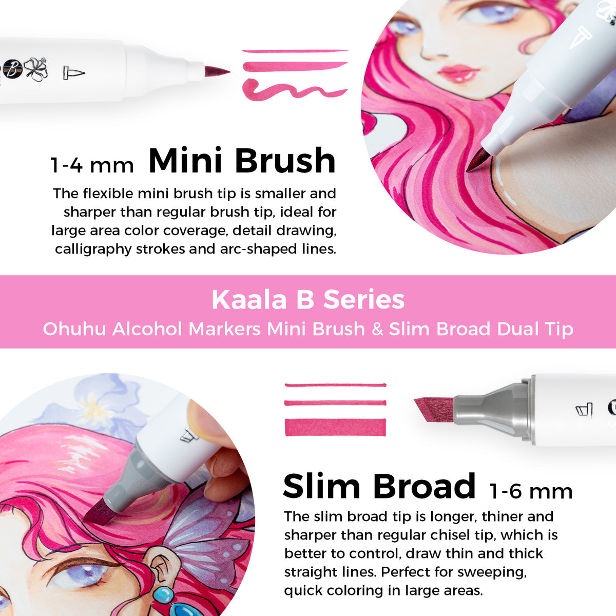 Ohuhu Kaala B Dual Tips Alcohol Art Markers, Slim Broad & Mini Brush