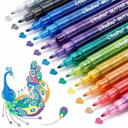 Ohuhu Water-Based Glitter Metallic Marker Pens, 12 Shimmer Colors
