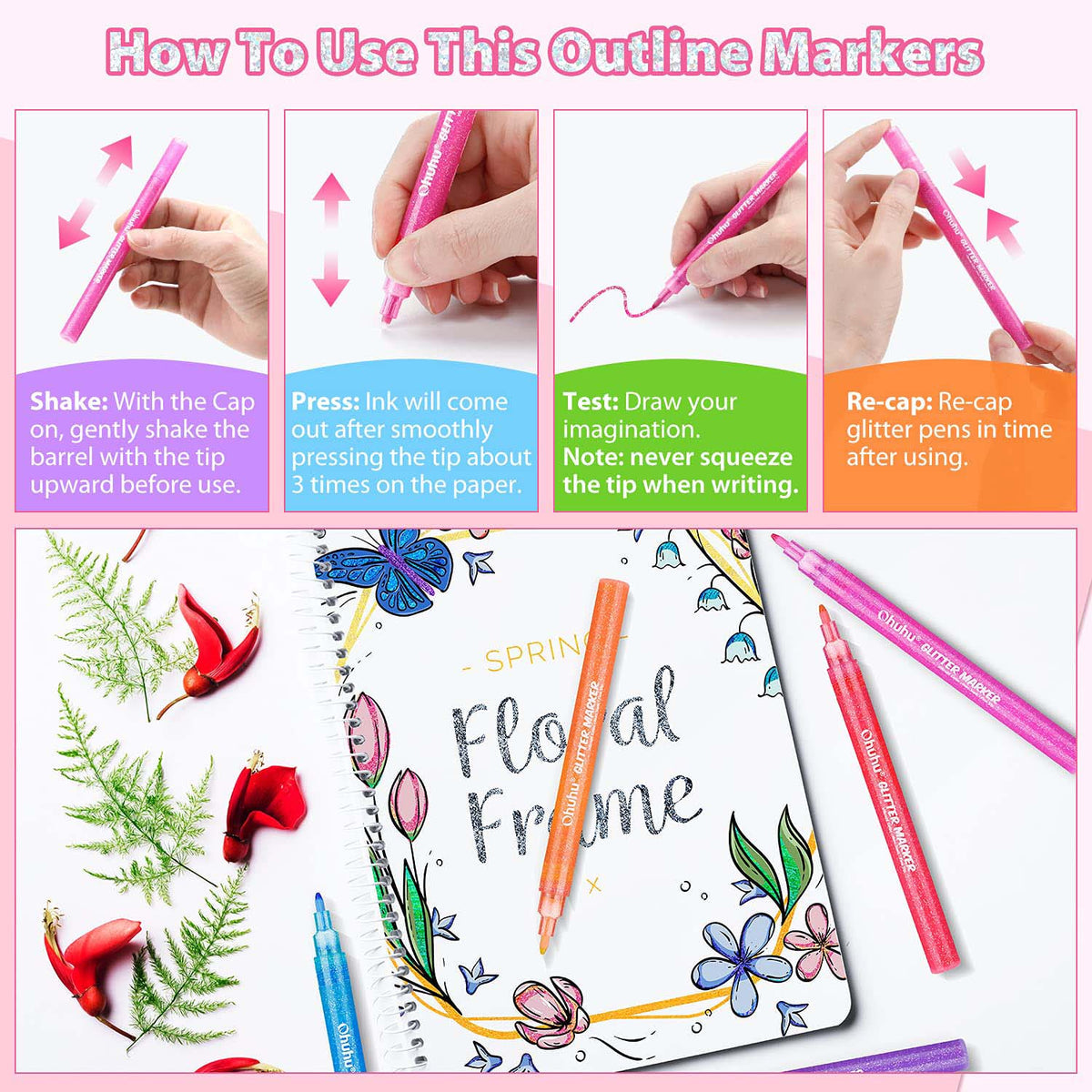 Ohuhu Water-Based Glitter Metallic Marker Pens, 12 Shimmer Colors