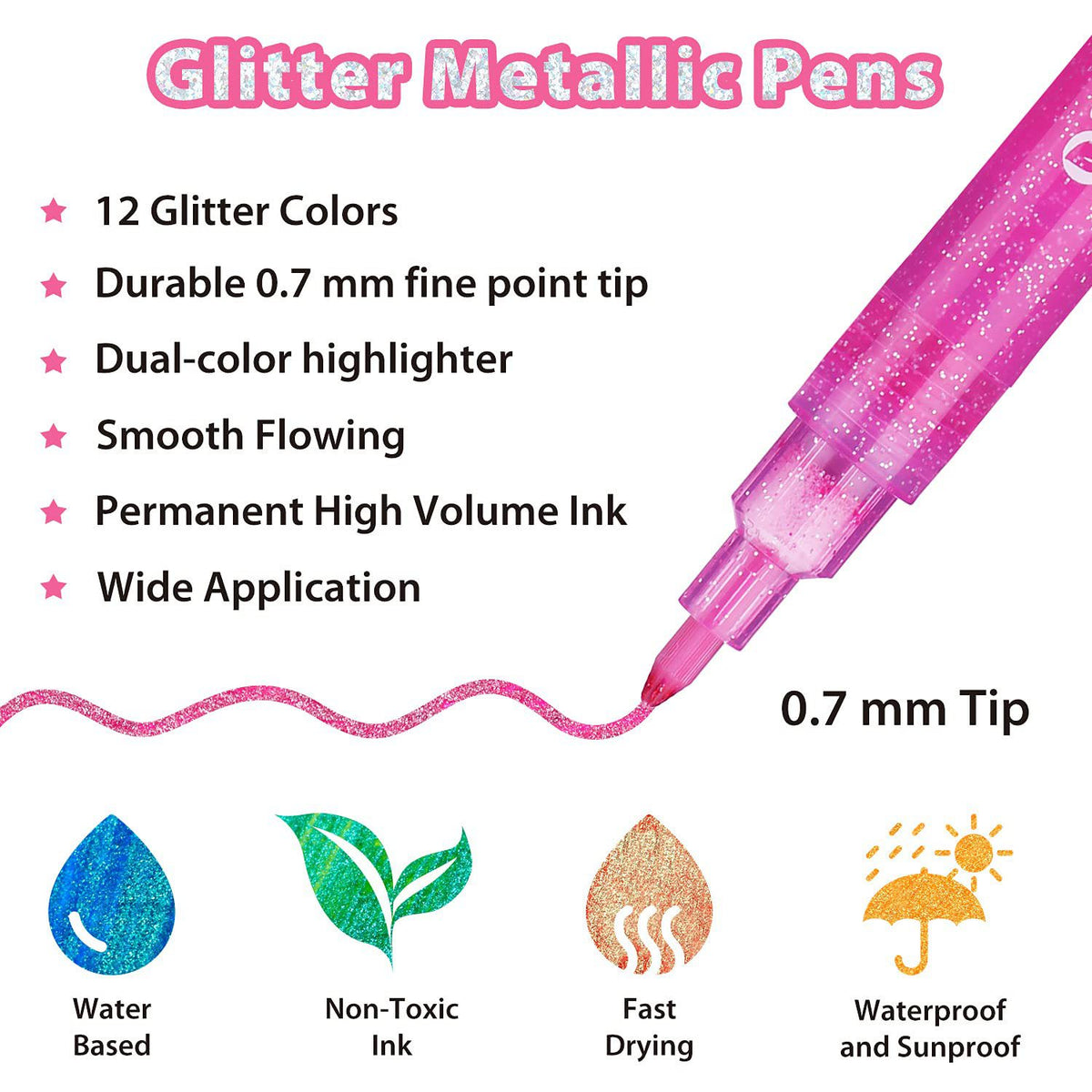 Ohuhu Water-Based Glitter Metallic Marker Pens, 12 Shimmer Colors