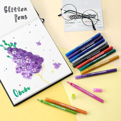 Ohuhu Water-Based Glitter Metallic Marker Pens, 12 Shimmer Colors